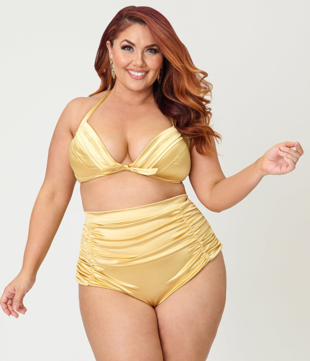 Unique Vintage Plus Size Gold Shimmer Monroe Halter Swim Top - Unique Vintage - Womens, SWIM, TOP