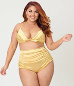 Unique Vintage Plus Size Gold Shimmer Monroe Halter Swim Top - Unique Vintage - Womens, SWIM, TOP
