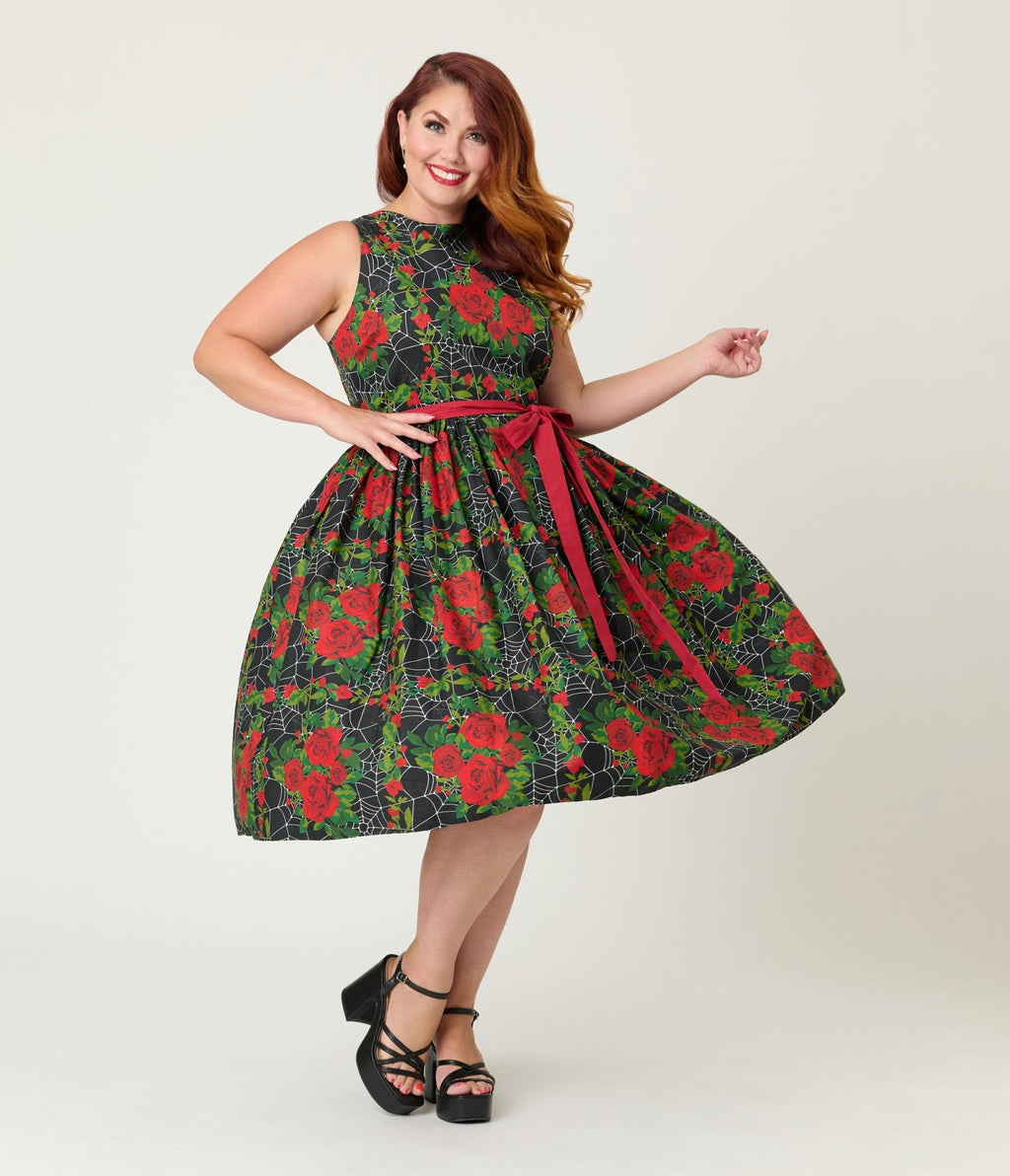Unique Vintage Plus Size Gothic Roses Sleeveless Cotton Swing Dress - Unique Vintage - Womens, DRESSES, SWING