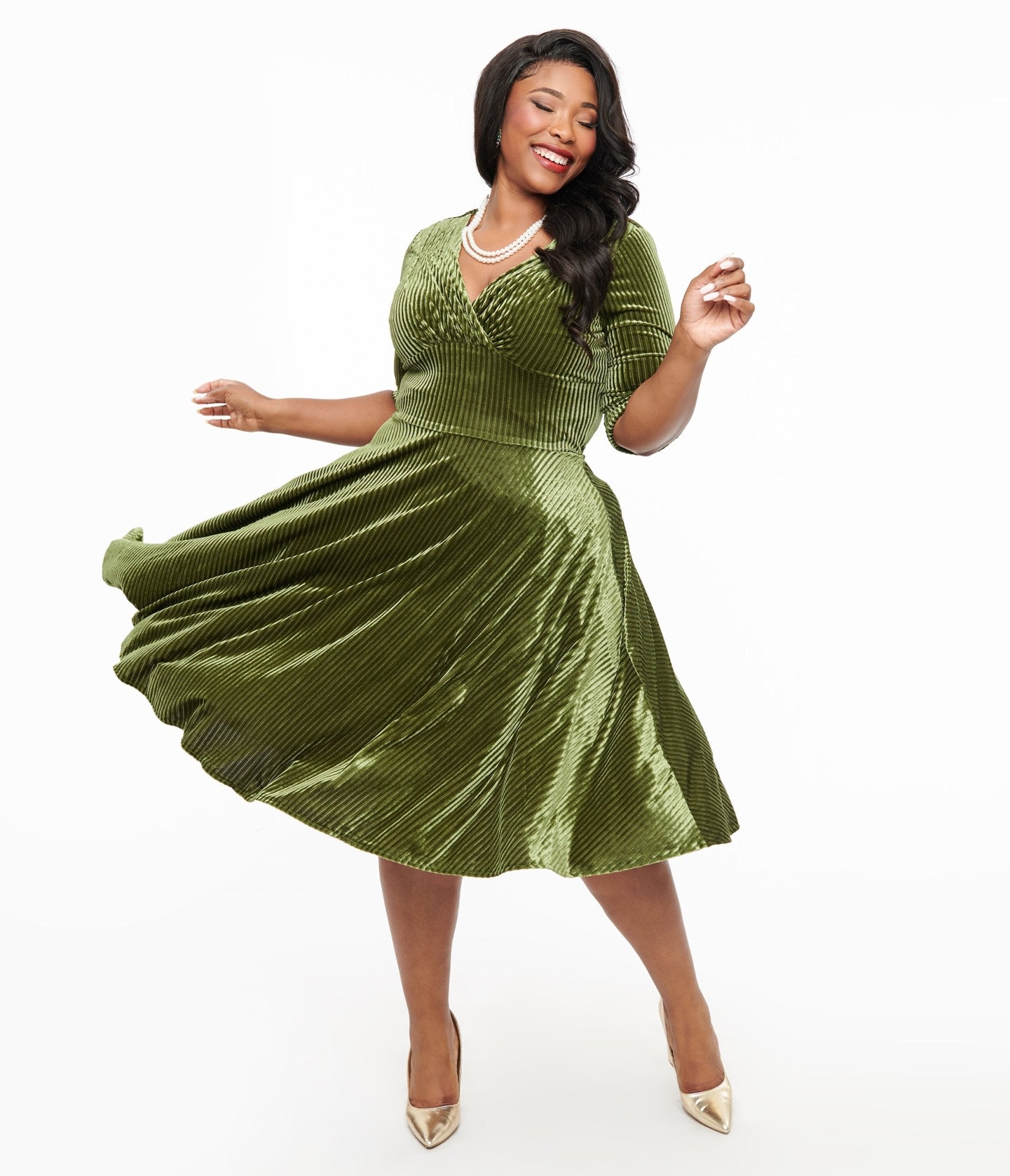 Unique Vintage Plus Size Green 1950s Moss Green Velvet Delores Swing Dress - Unique Vintage - Womens, DRESSES, SWING