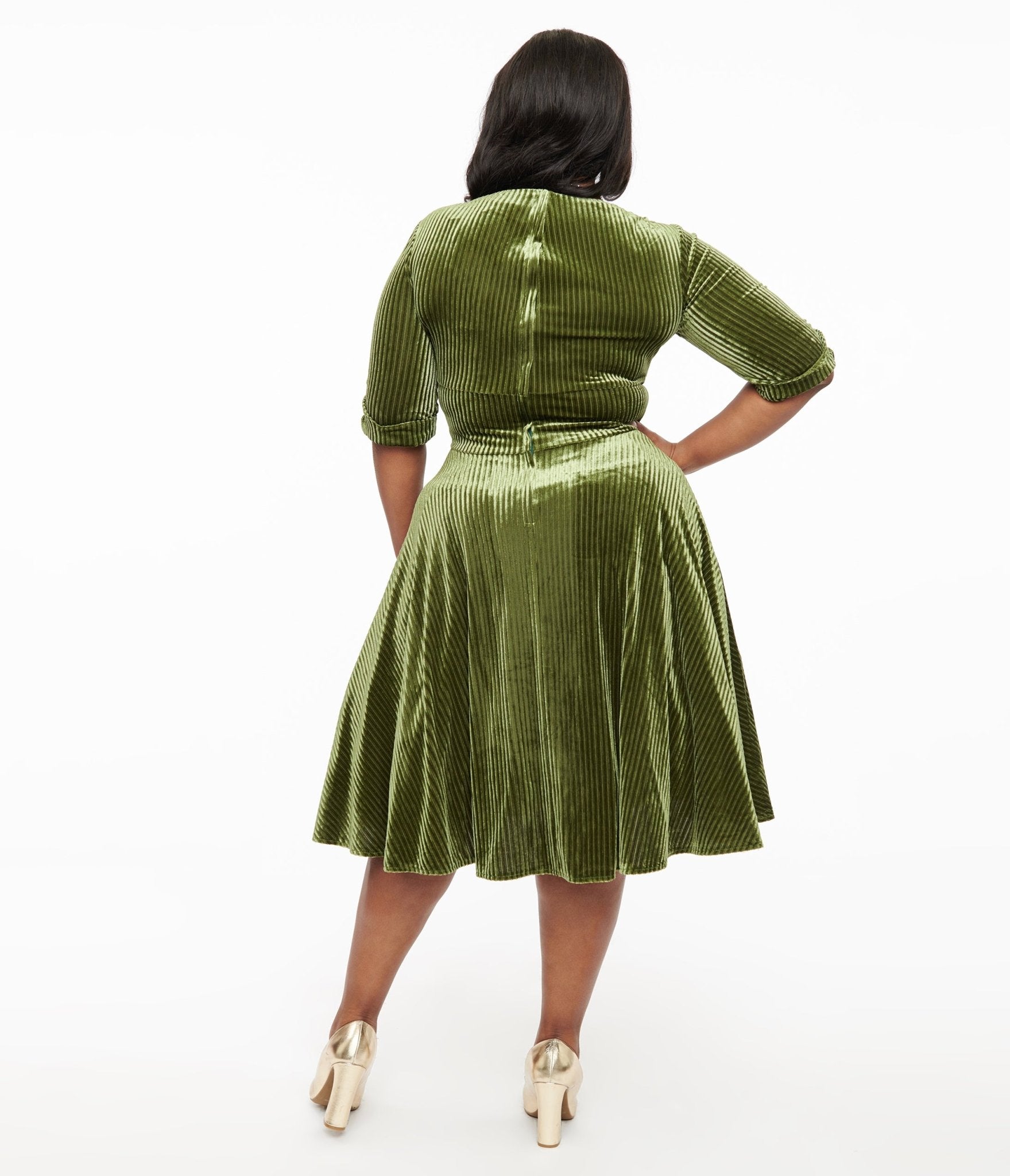 Unique Vintage Plus Size Green 1950s Moss Green Velvet Delores Swing Dress - Unique Vintage - Womens, DRESSES, SWING