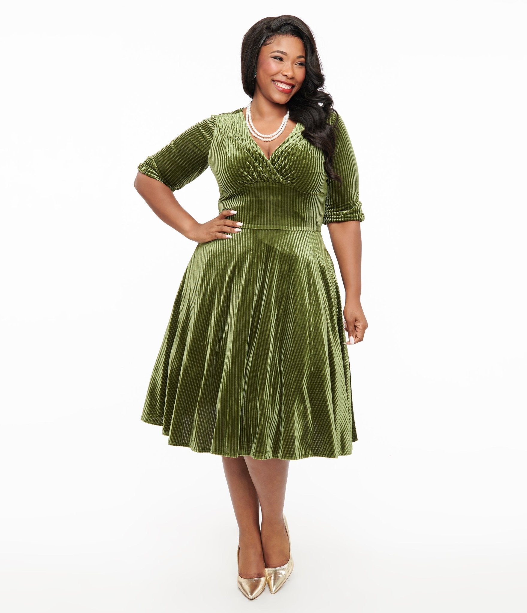 Unique Vintage Plus Size Green 1950s Moss Green Velvet Delores Swing Dress - Unique Vintage - Womens, DRESSES, SWING