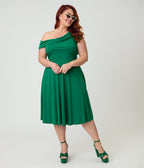 Unique Vintage Plus Size Green Asymmetrical Neck Swing Dress - Unique Vintage - Womens, DRESSES, SWING