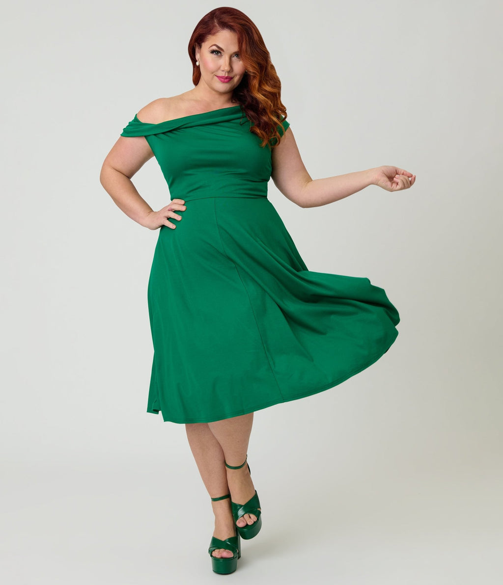 Unique Vintage Plus Size Green Asymmetrical Neck Swing Dress Unique Vintage Plus Size Green Asymmetrical Neck Swing Dress