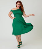 Unique Vintage Plus Size Green Asymmetrical Neck Swing Dress - Unique Vintage - Womens, DRESSES, SWING