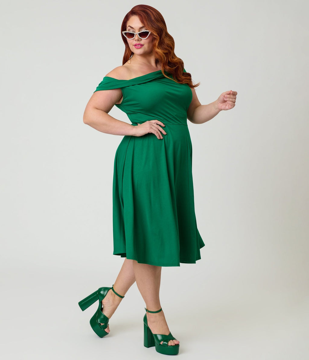 Unique Vintage Plus Size Green Asymmetrical Neck Swing Dress - Unique Vintage - Womens, DRESSES, SWING