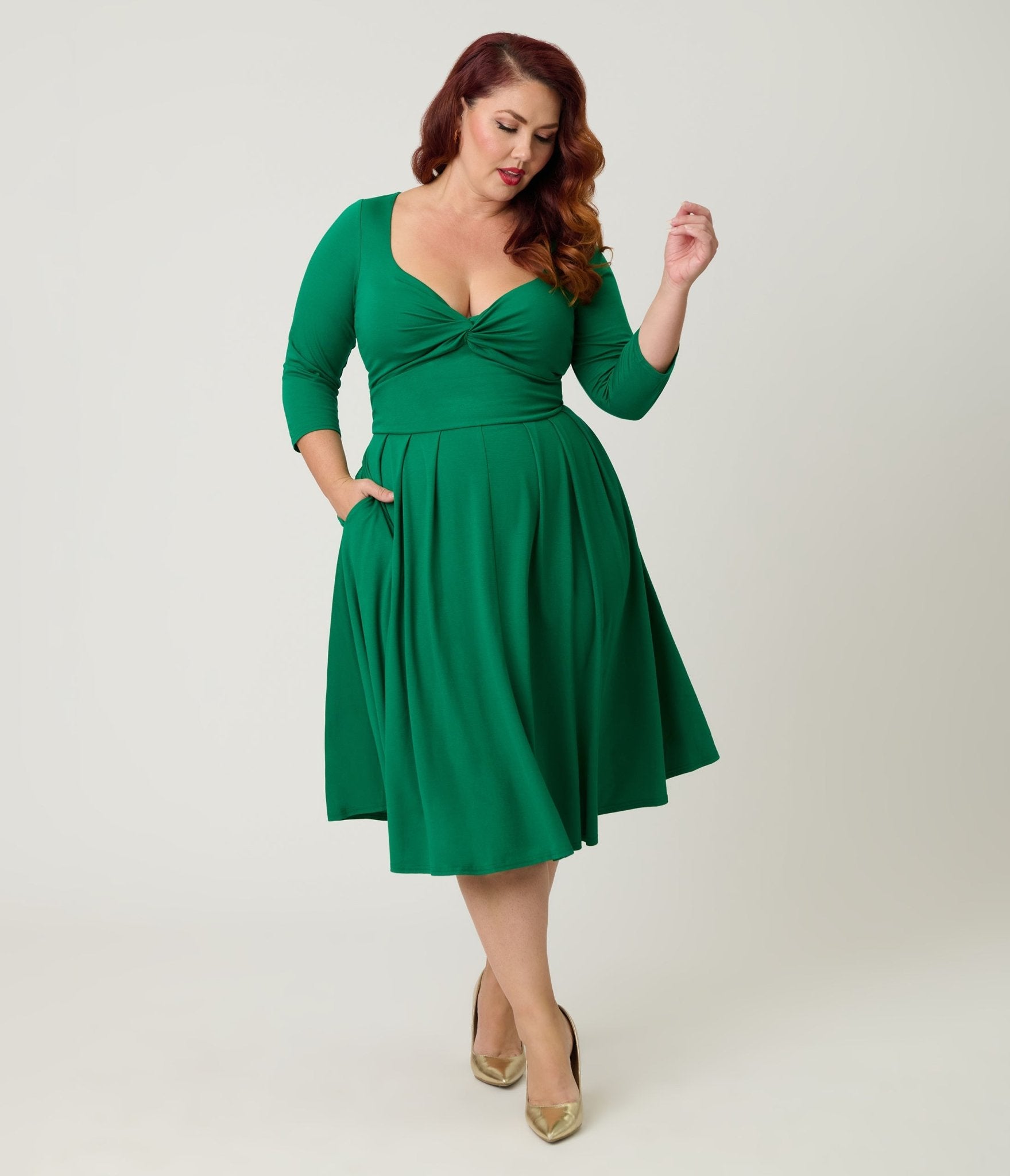 Unique Vintage Plus Size Green Bengaline Front Twist Swing Dress - Unique Vintage - Womens, DRESSES, SWING
