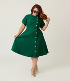 Unique Vintage Plus Size Green Button Swing Dress - Unique Vintage - Womens, DRESSES, SWING