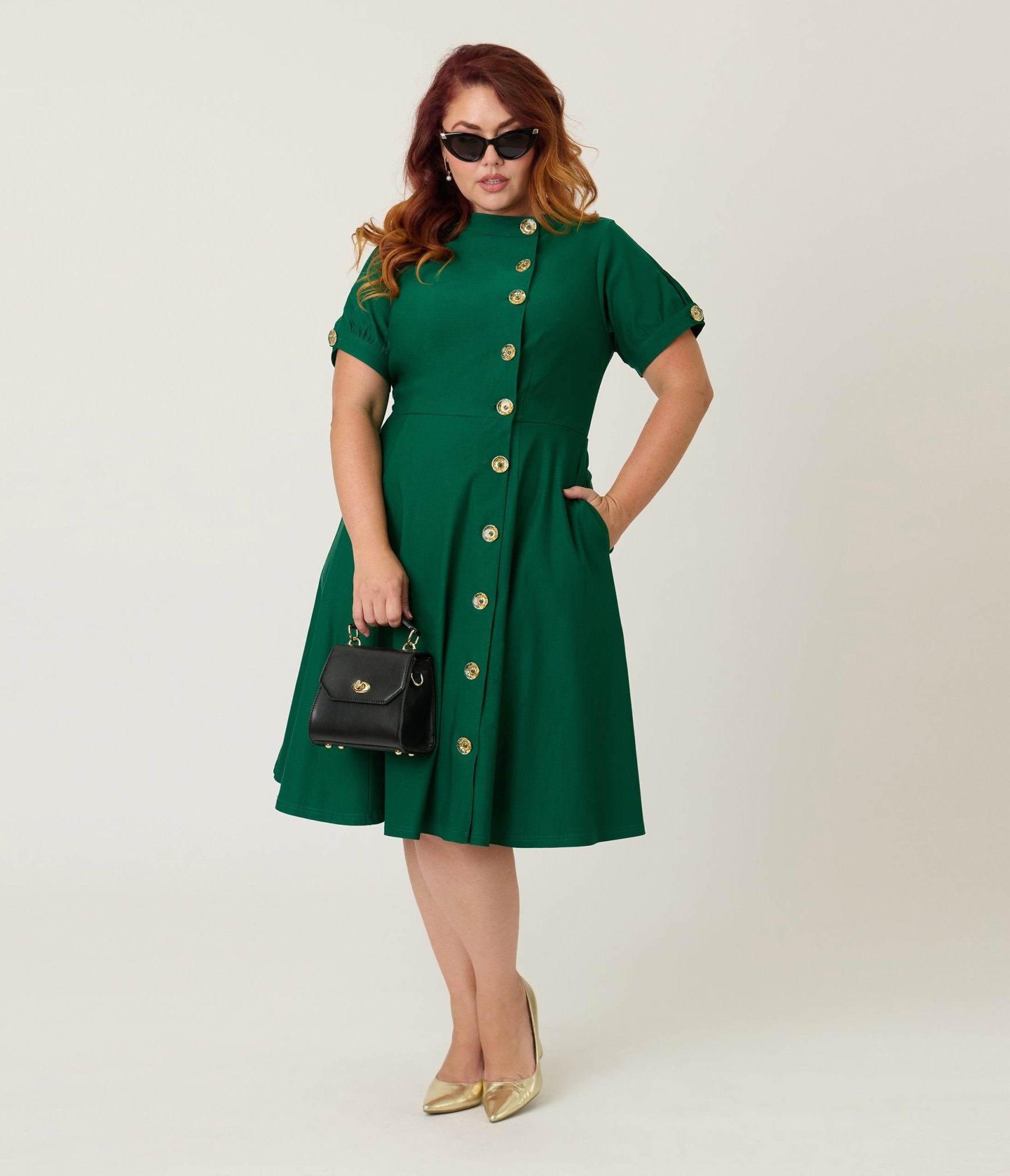 Unique Vintage Plus Size Green Button Swing Dress - Unique Vintage - Womens, DRESSES, SWING
