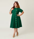 Unique Vintage Plus Size Green Button Swing Dress - Unique Vintage - Womens, DRESSES, SWING