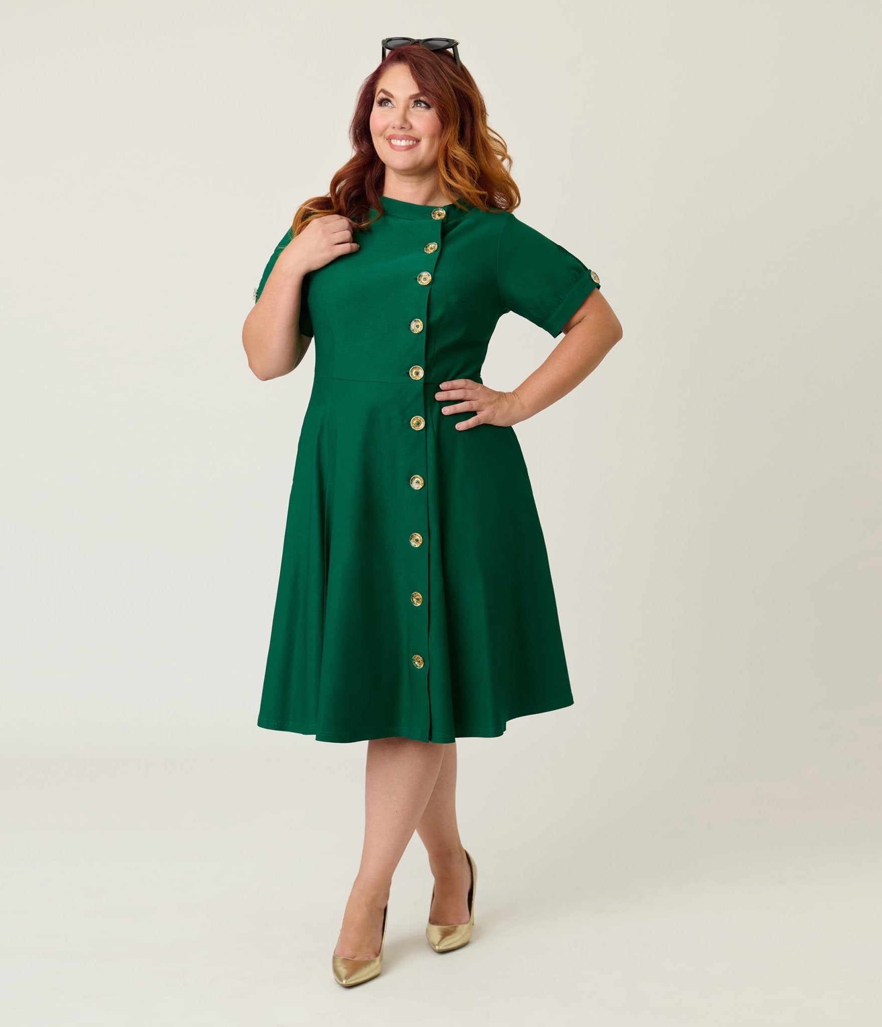 Unique Vintage Plus Size Green Button Swing Dress - Unique Vintage - Womens, DRESSES, SWING