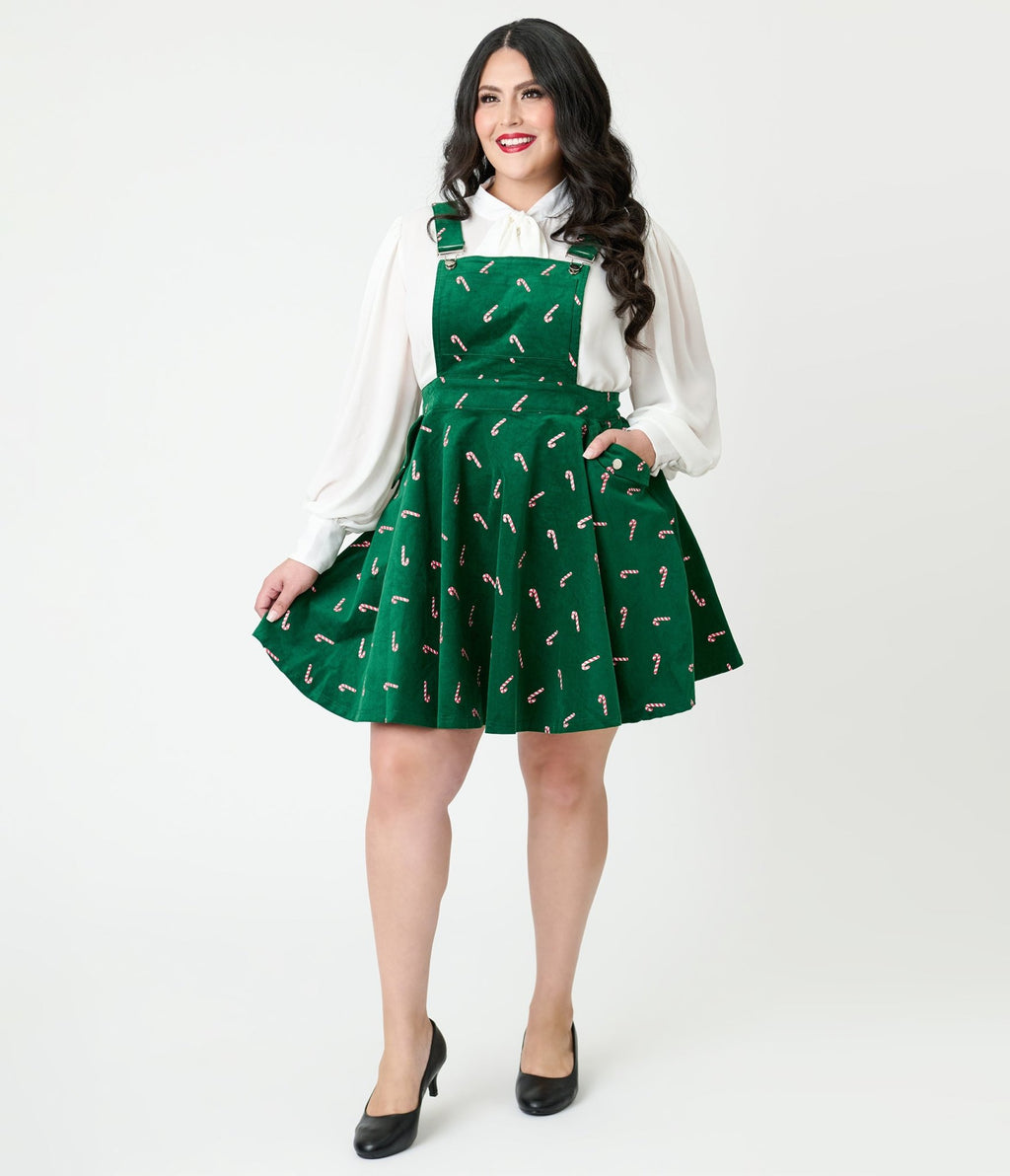 Unique Vintage Plus Size Green & Candy Cane Stamp Brionne Pinafore Skirt - Unique Vintage - Womens, BOTTOMS, SKIRTS