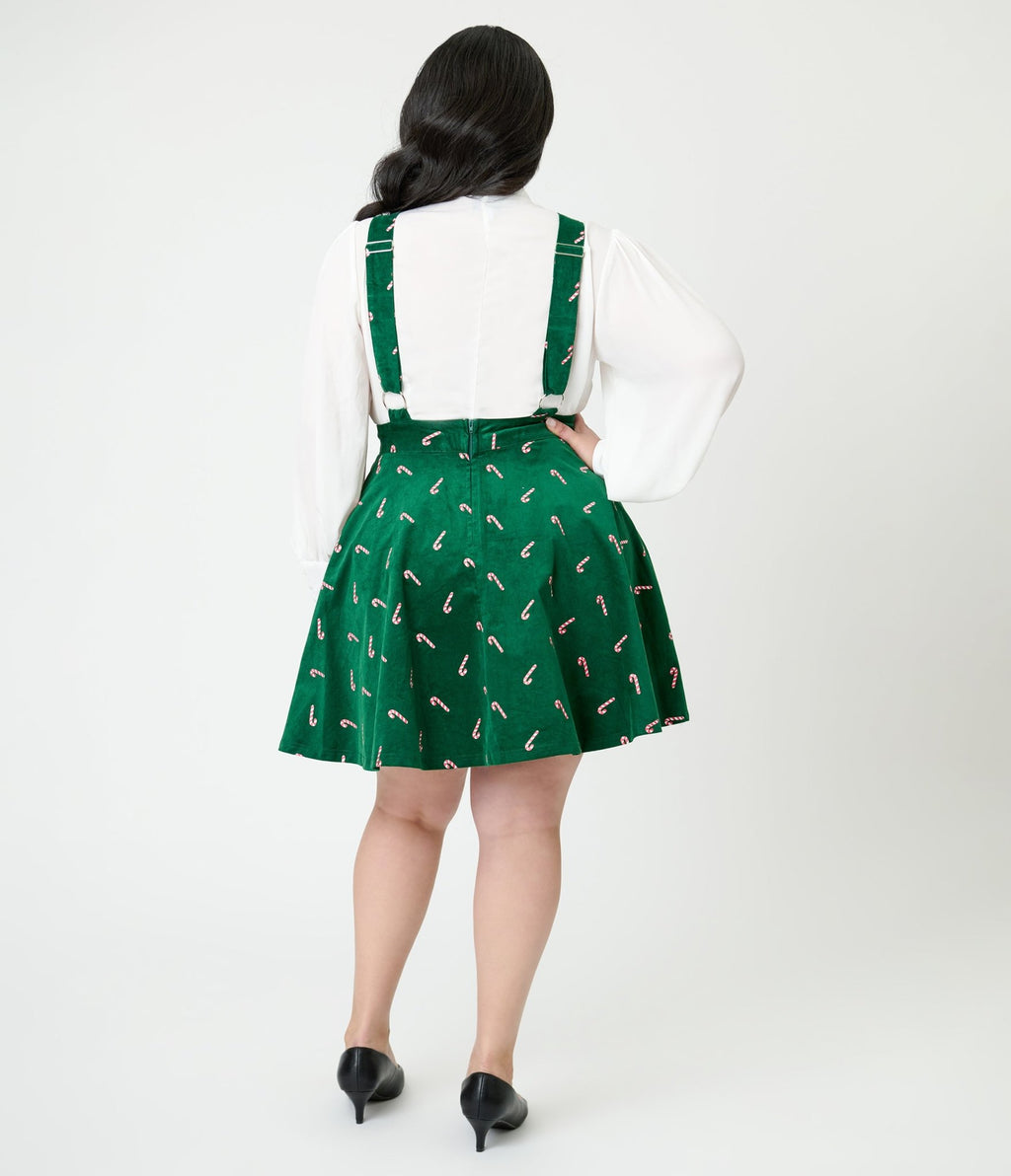 Unique Vintage Plus Size Green & Candy Cane Stamp Brionne Pinafore Skirt - Unique Vintage - Womens, BOTTOMS, SKIRTS