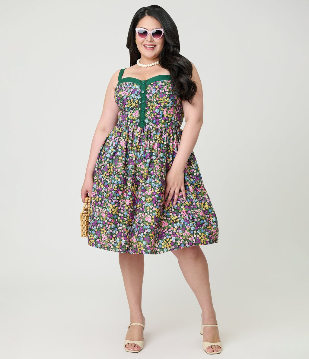 plus size drop waist dress Unique Vintage Plus Size Green Ditzy Floral Sweetheart Cotton Swing Dress
