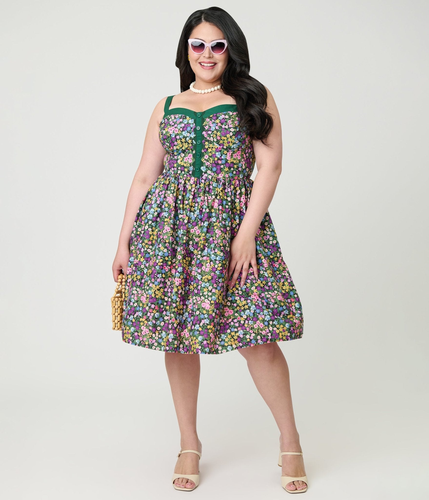 Unique Vintage Plus Size Green Ditzy Floral Sweetheart Cotton Swing Dress - Unique Vintage - Womens, DRESSES, SWING