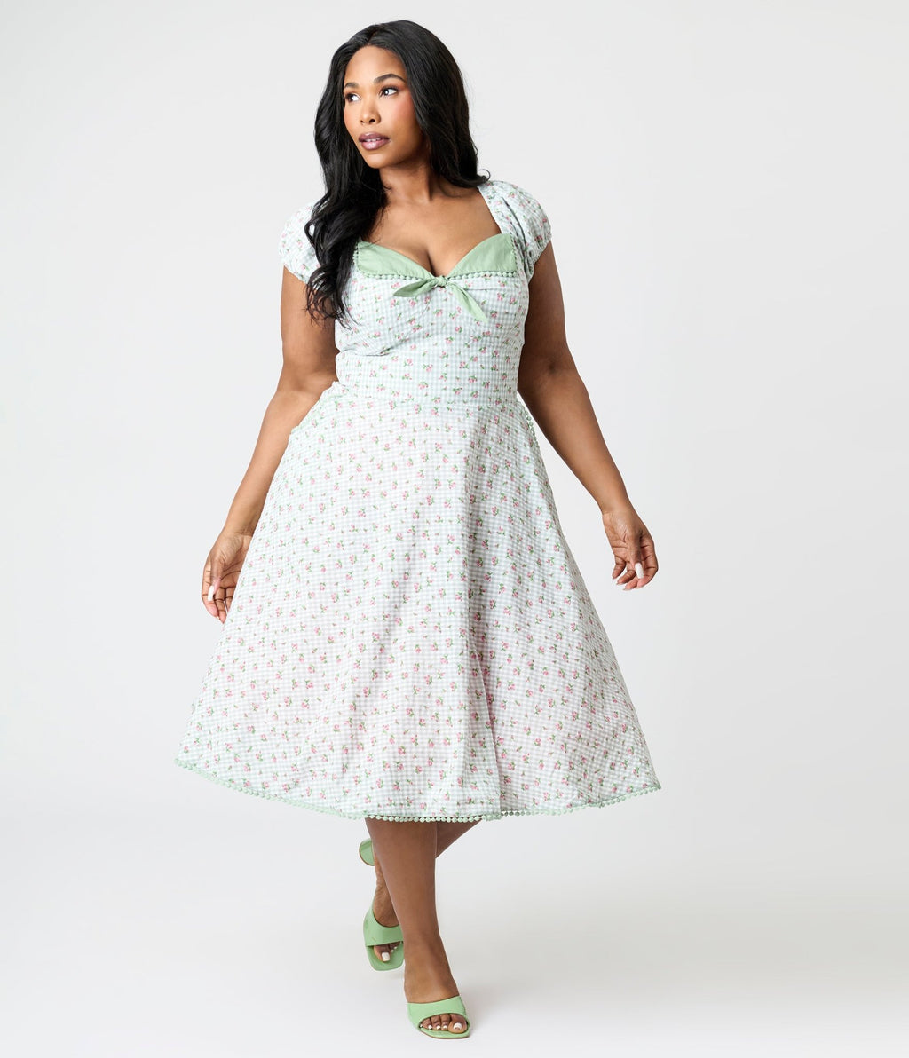 Unique Vintage Plus Size Green Floral Gingham Print Swing Dress - Unique Vintage - Womens, DRESSES, SWING