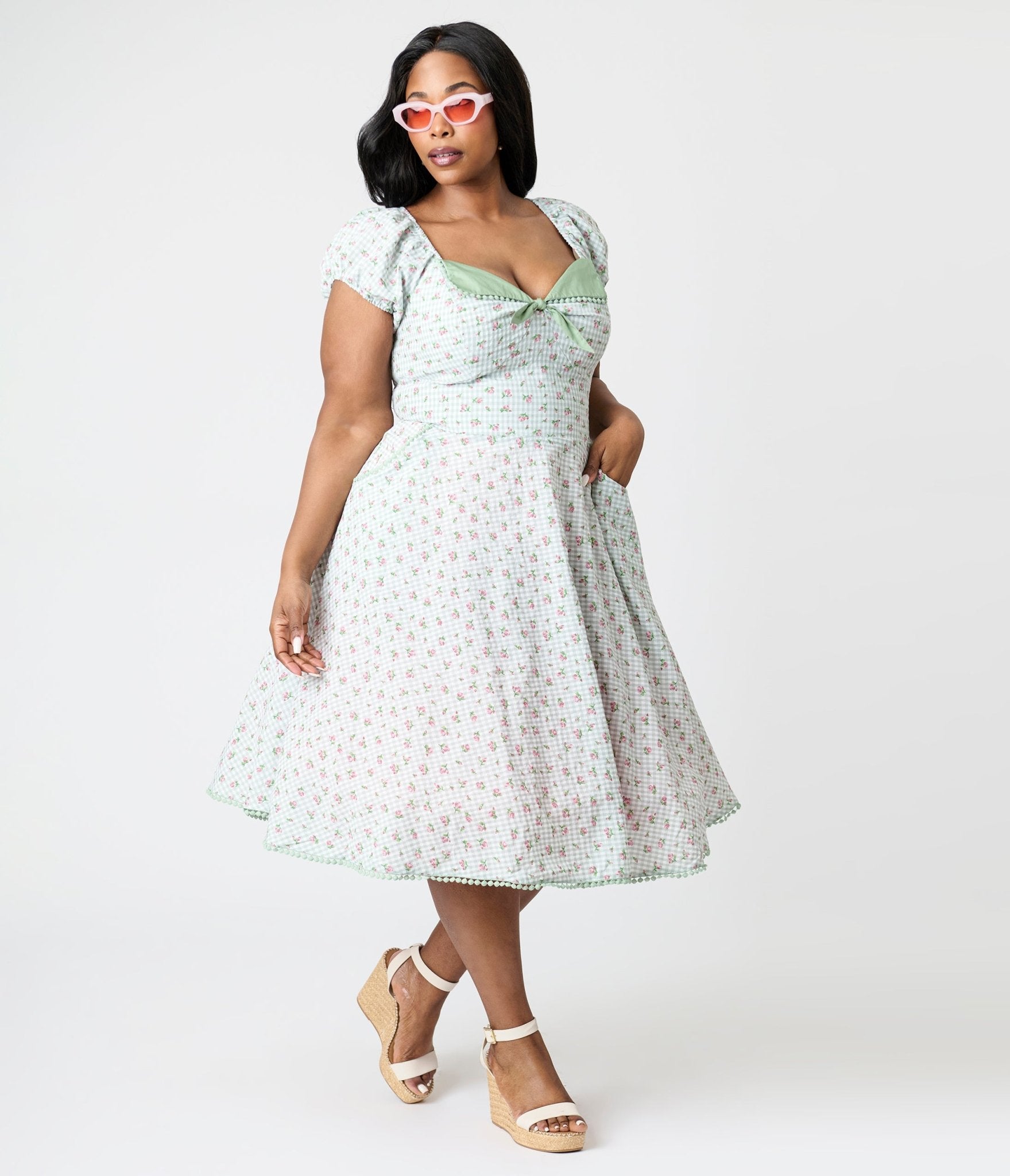 Unique Vintage Plus Size Green Floral Gingham Print Swing Dress - Unique Vintage - Womens, DRESSES, SWING