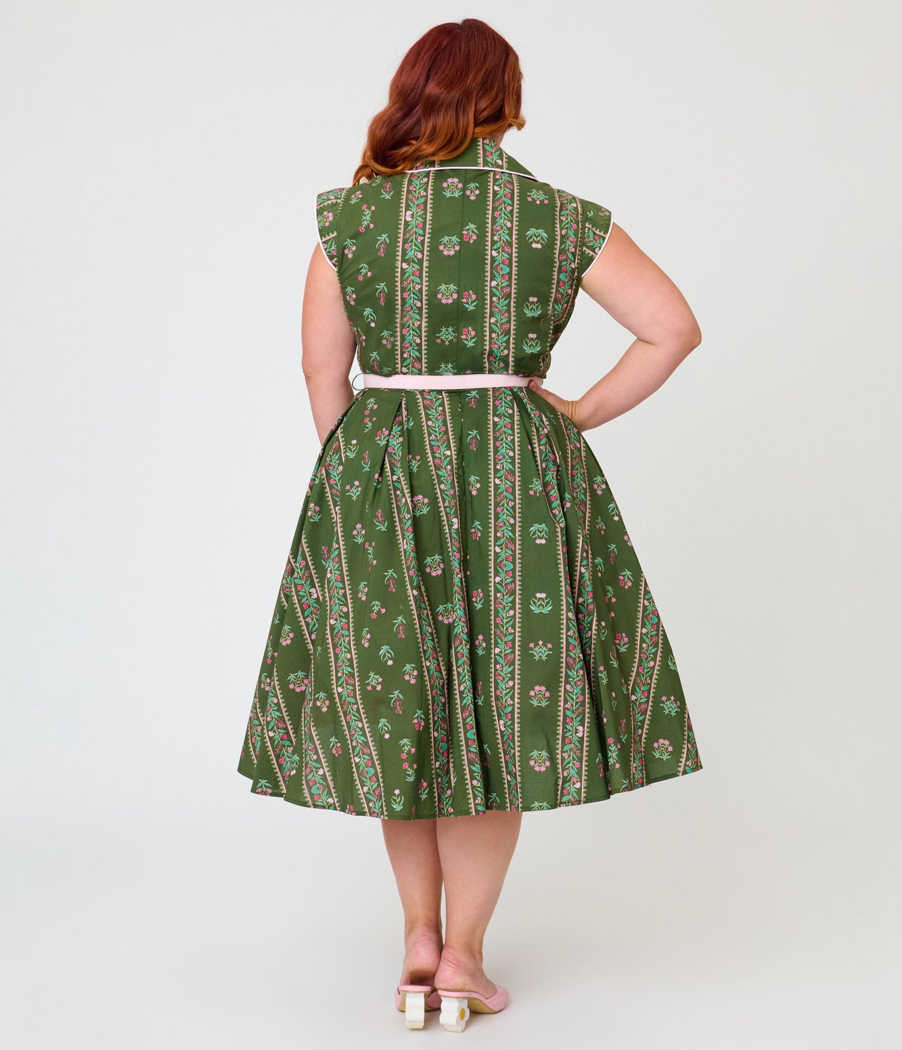 Unique Vintage Plus Size Green Floral Stripe Shirt Swing Dress