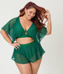 Unique Vintage Plus Size Green Flutter Sleeve Swim Top