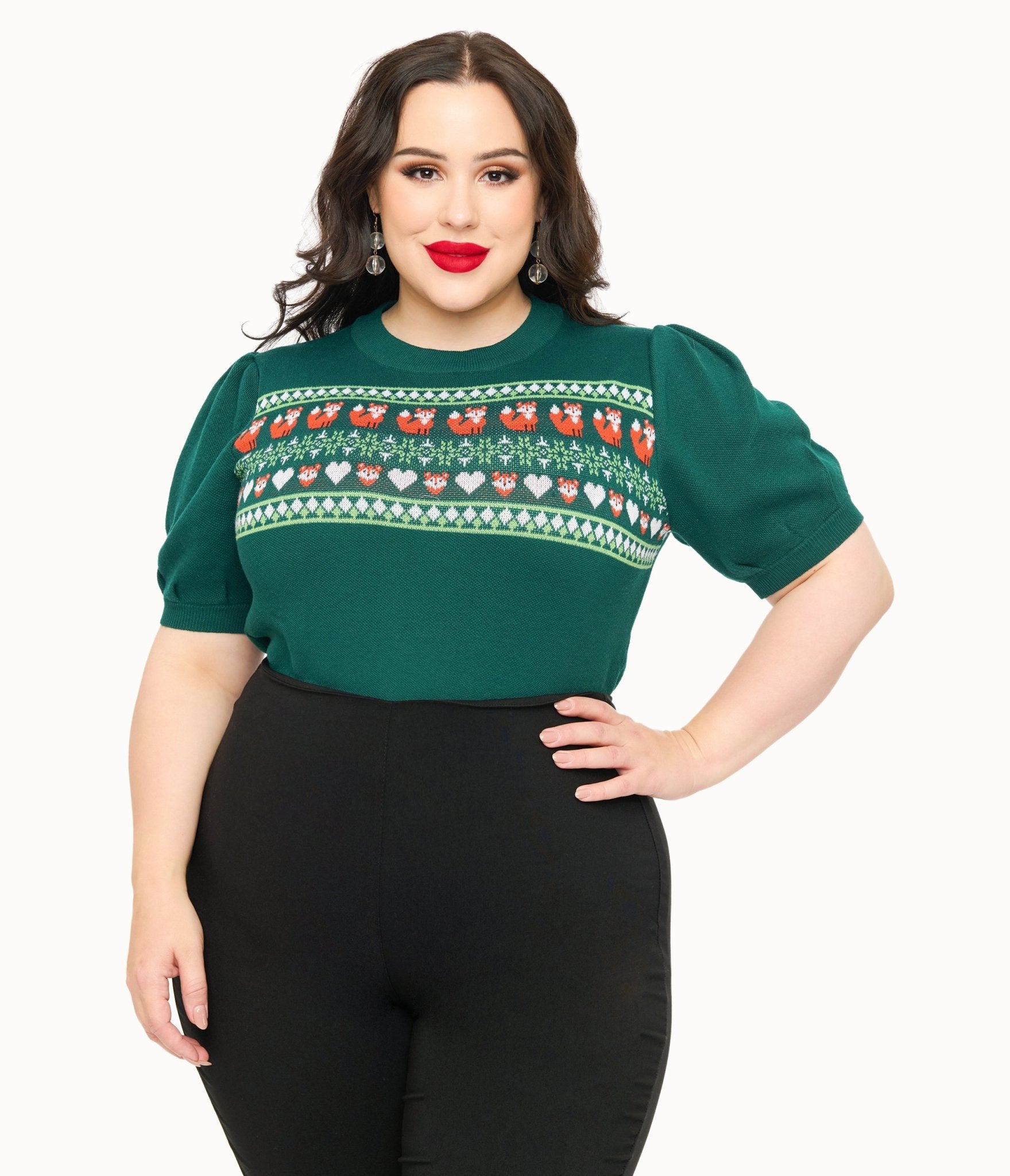 Unique Vintage Plus Size Green Fox Fair Isle Paige Sweater - Unique Vintage - Womens, TOPS, SWEATERS