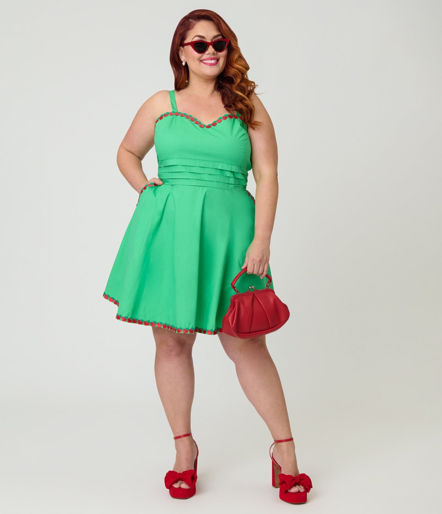Unique Vintage Plus Size Green & Fruit Trim Cotton Flare Dress