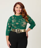 Unique Vintage Plus Size Green & Gold Celestial Minou Sweater - Unique Vintage - Womens, TOPS, SWEATERS