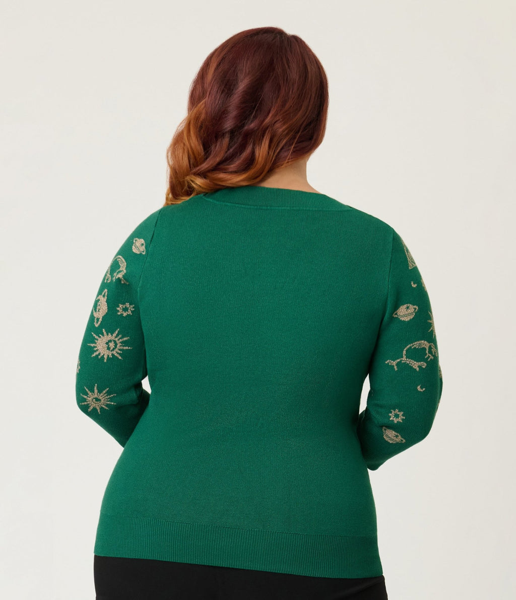 Unique Vintage Plus Size Green & Gold Celestial Minou Sweater - Unique Vintage - Womens, TOPS, SWEATERS