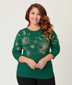Unique Vintage Plus Size Green & Gold Celestial Minou Sweater - Unique Vintage - Womens, TOPS, SWEATERS