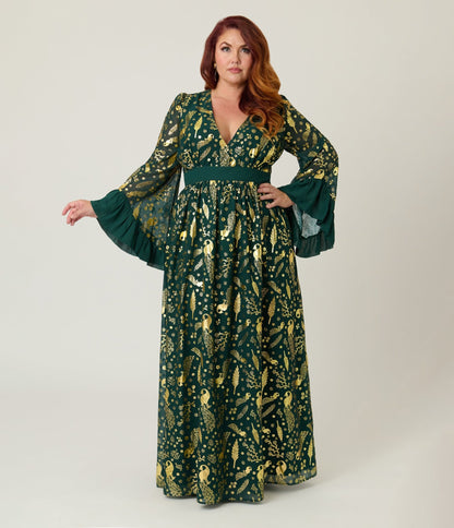 Unique Vintage Plus Size Green & Gold Foil Peacock Print Maxi Dress - Unique Vintage - Womens, DRESSES, MAXI