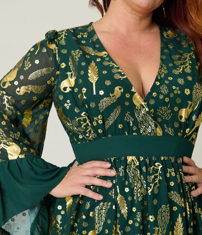 Unique Vintage Plus Size Green & Gold Foil Peacock Print Maxi Dress - Unique Vintage - Womens, DRESSES, MAXI