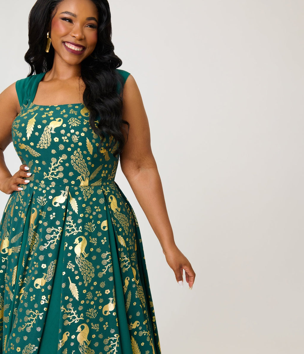 Unique Vintage Plus Size Green & Gold Peacock Swing Dress - Unique Vintage - Womens, DRESSES, SWING
