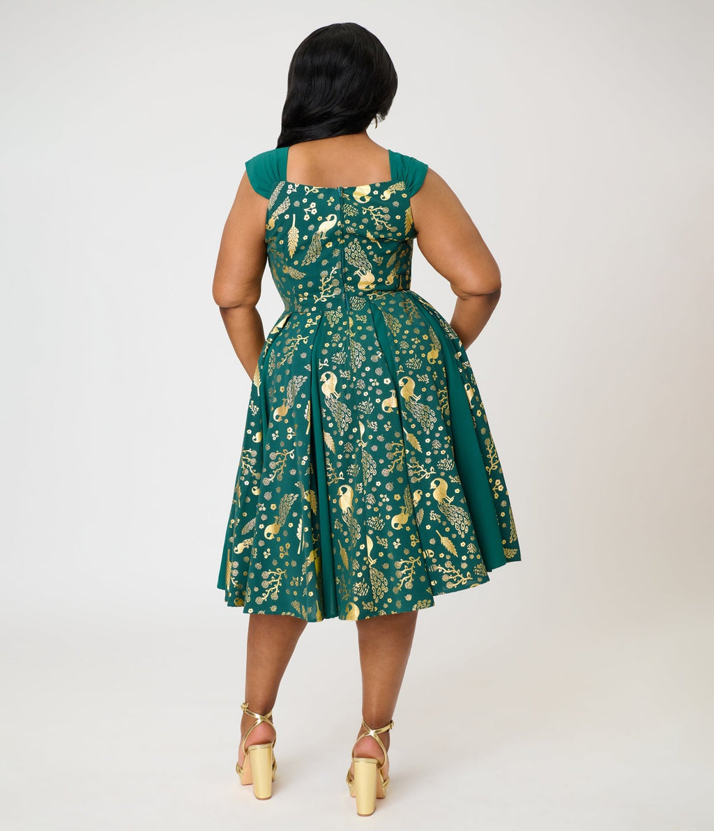 Unique Vintage Plus Size Green & Gold Peacock Swing Dress - Unique Vintage - Womens, DRESSES, SWING