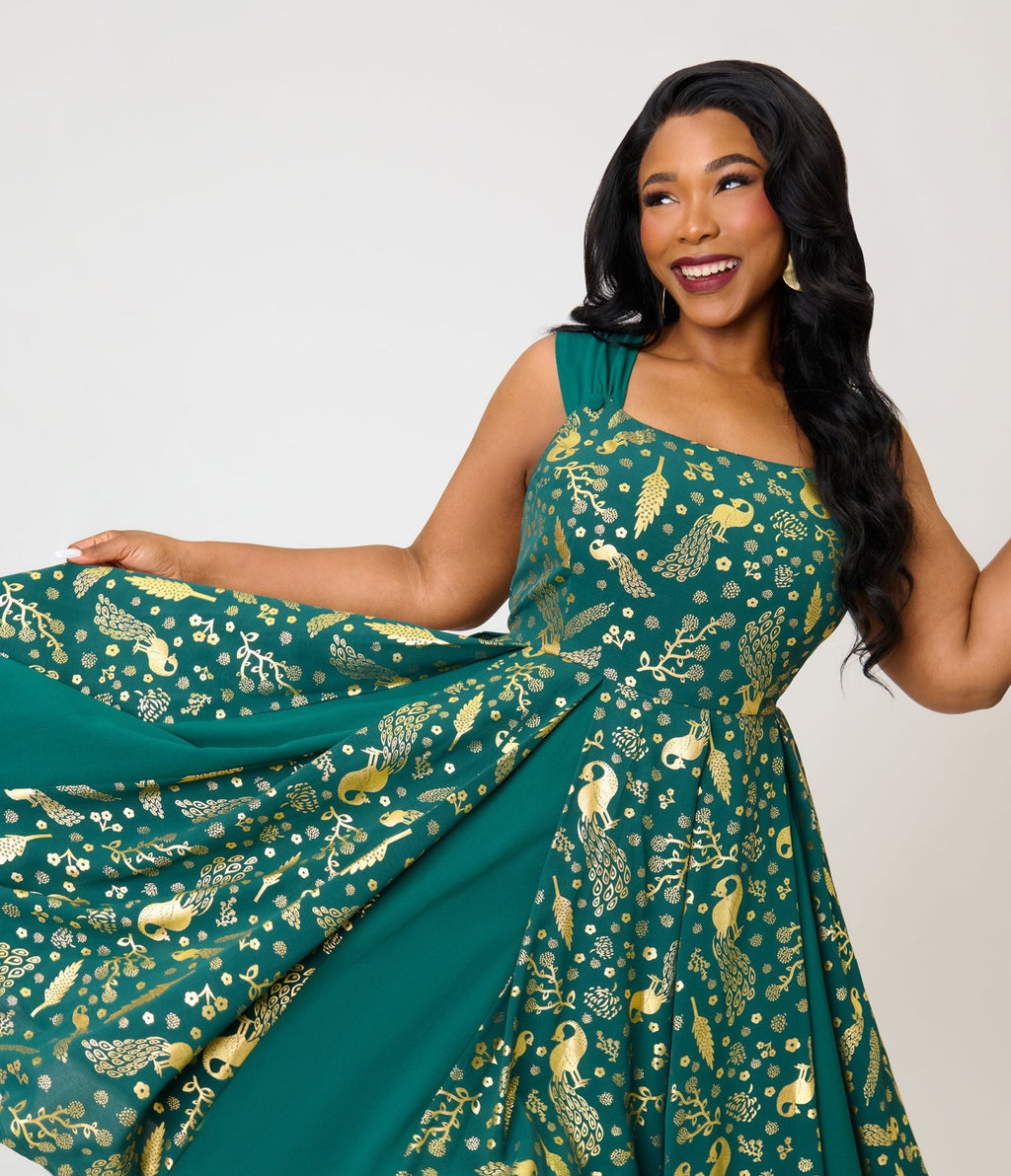 Unique Vintage Plus Size Green & Gold Peacock Swing Dress - Unique Vintage - Womens, DRESSES, SWING