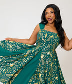 Unique Vintage Plus Size Green & Gold Peacock Swing Dress - Unique Vintage - Womens, DRESSES, SWING