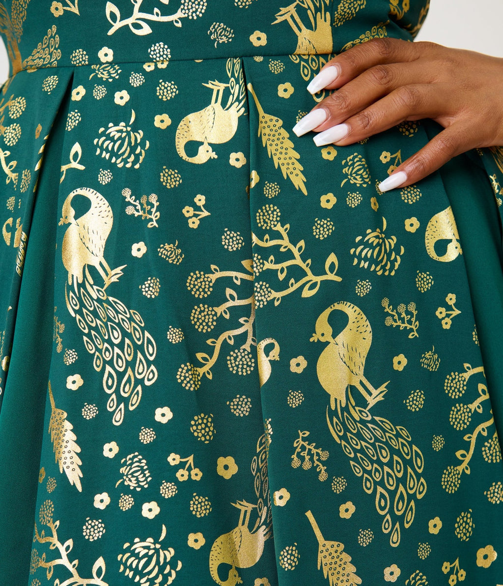 Unique Vintage Plus Size Green & Gold Peacock Swing Dress - Unique Vintage - Womens, DRESSES, SWING