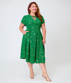 Unique Vintage Plus Size Green & Gold Star Dahlia Swing Dress - Unique Vintage - Womens, DRESSES, SWING