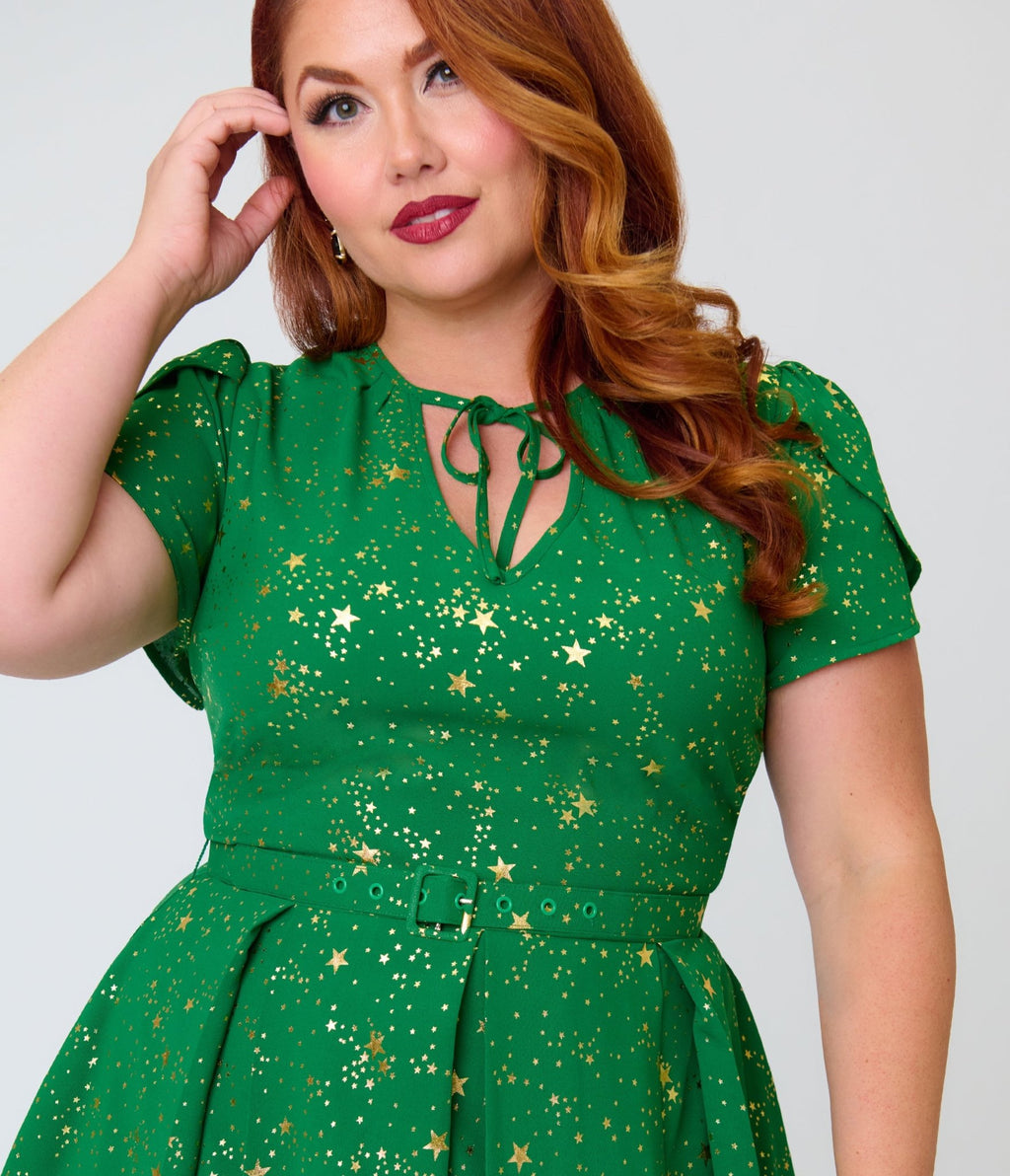 Unique Vintage Plus Size Green & Gold Star Dahlia Swing Dress - Unique Vintage - Womens, DRESSES, SWING
