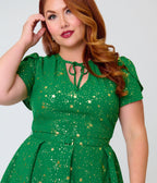 Unique Vintage Plus Size Green & Gold Star Dahlia Swing Dress - Unique Vintage - Womens, DRESSES, SWING