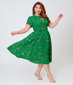 Unique Vintage Plus Size Green & Gold Star Dahlia Swing Dress - Unique Vintage - Womens, DRESSES, SWING