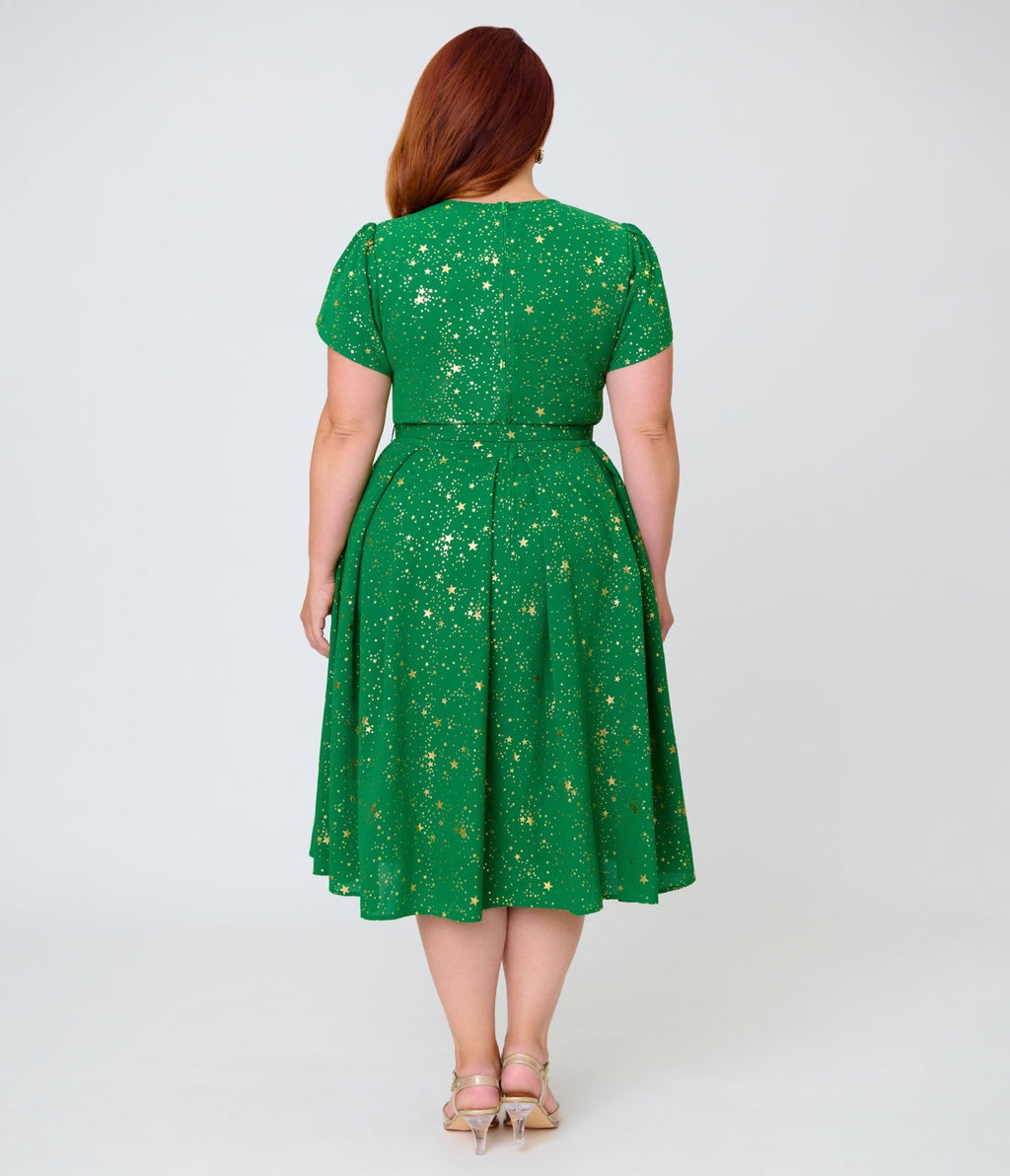 Unique Vintage Plus Size Green & Gold Star Dahlia Swing Dress - Unique Vintage - Womens, DRESSES, SWING
