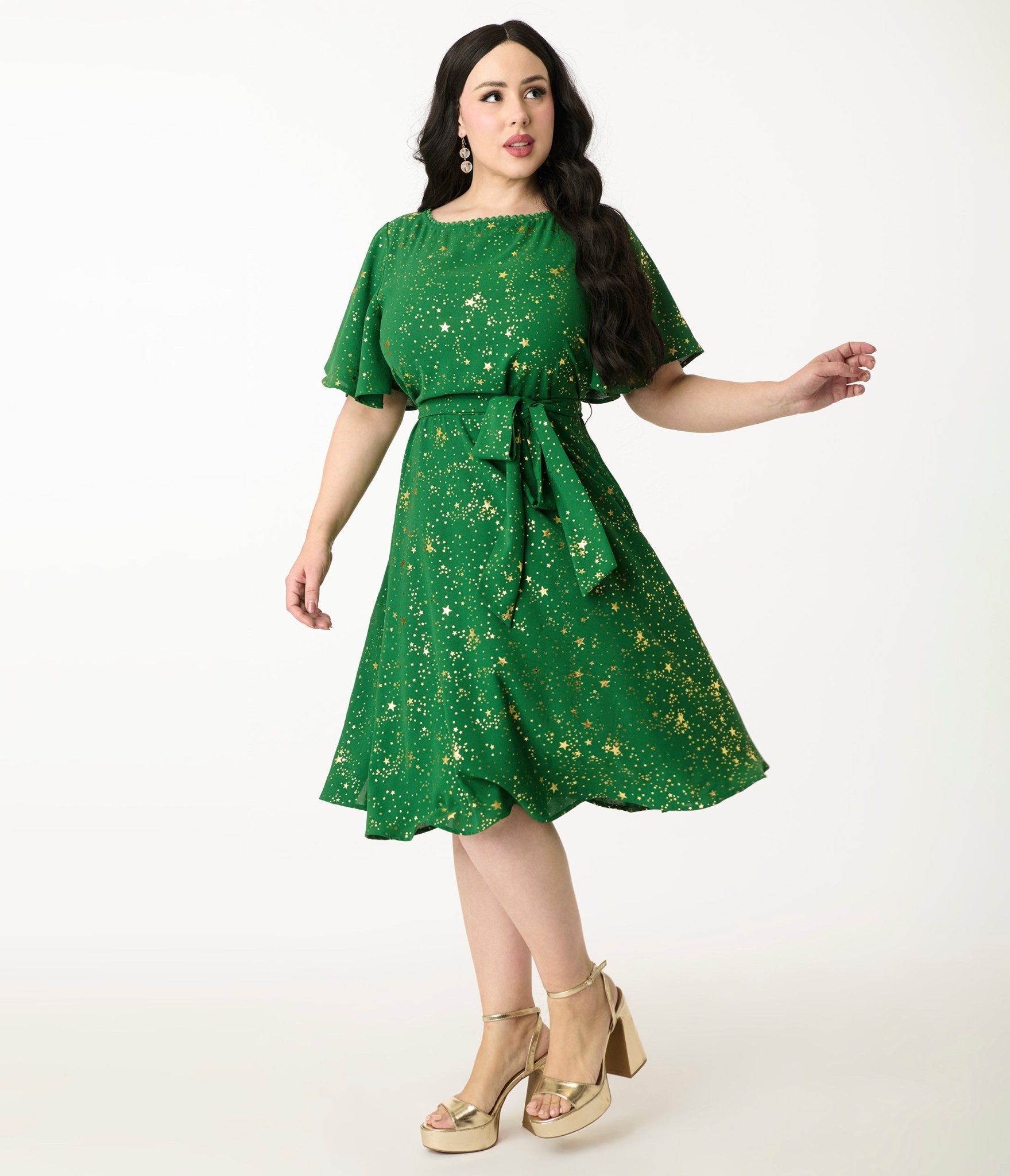Unique Vintage Plus Size Green & Gold Star Swing Dress - Unique Vintage - Womens, DRESSES, SWING