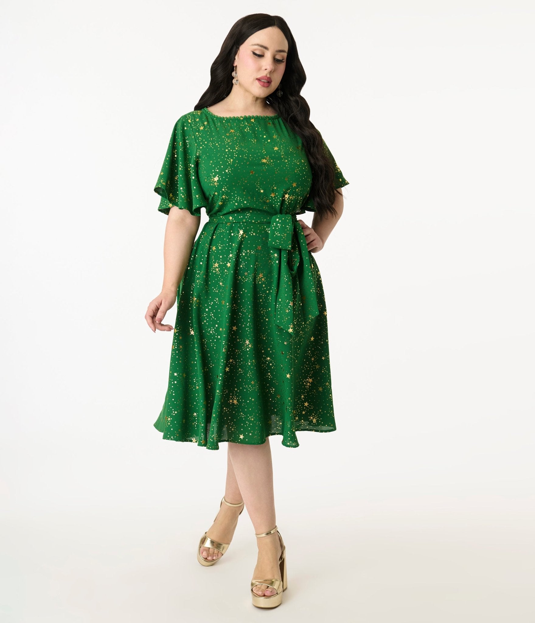 Unique Vintage Plus Size Green & Gold Star Swing Dress - Unique Vintage - Womens, DRESSES, SWING