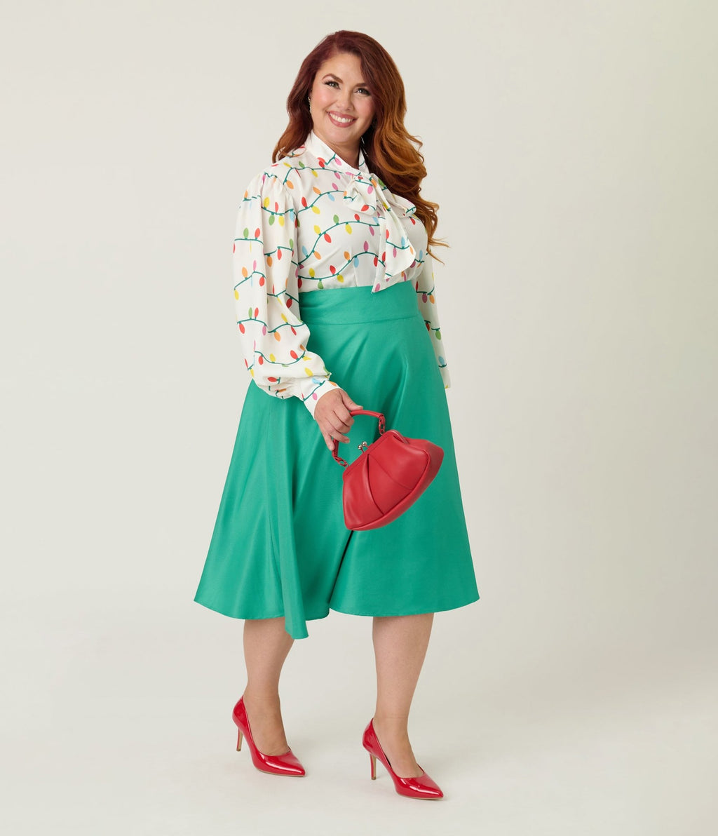 Unique Vintage Plus Size Green High Waist Vivien Swing Skirt - Unique Vintage - Womens, BOTTOMS, SKIRTS