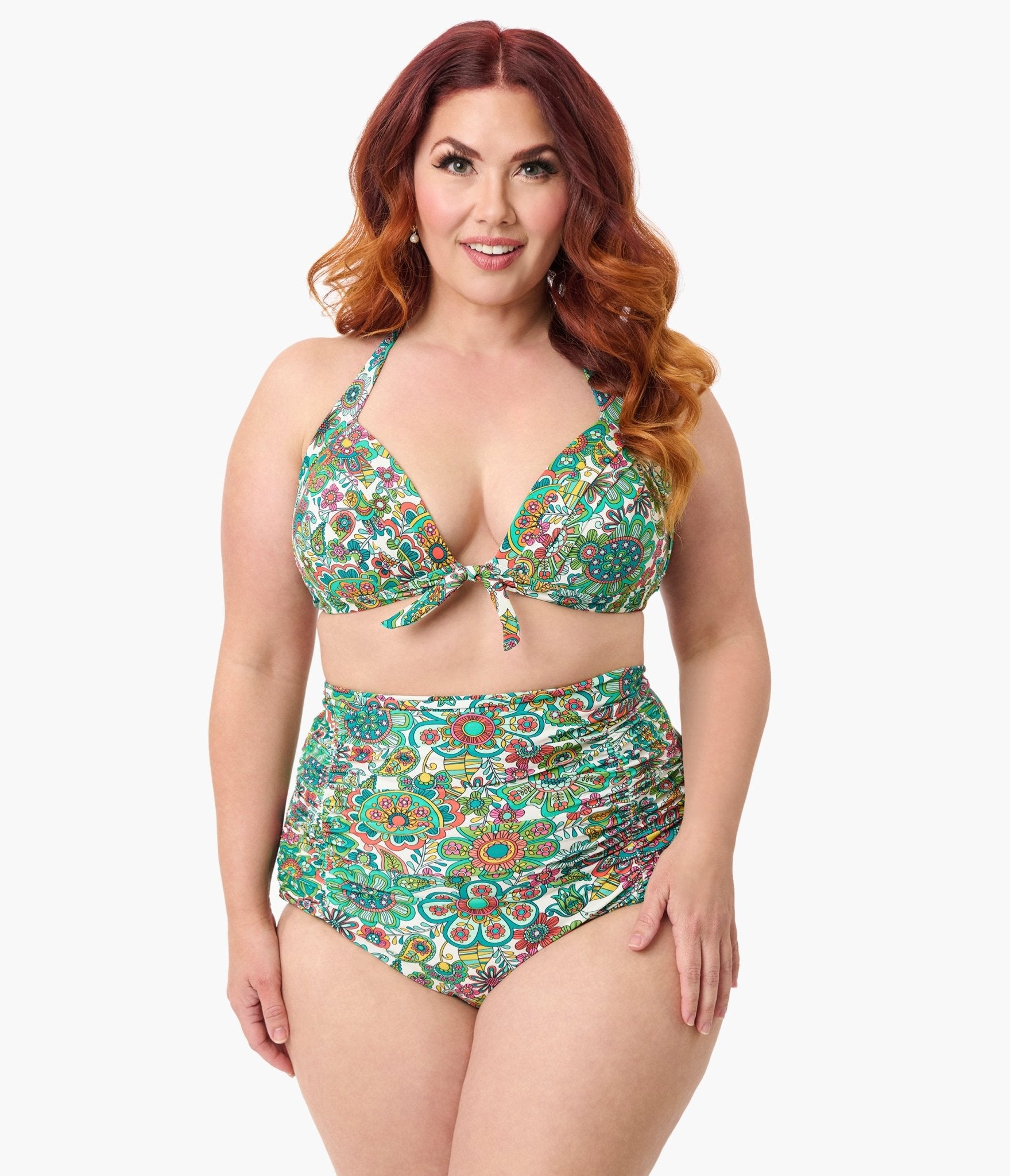 Unique Vintage Plus Size Green Kaleidoscope Monroe Halter Swim Top - Unique Vintage - Womens, SWIM, TOP