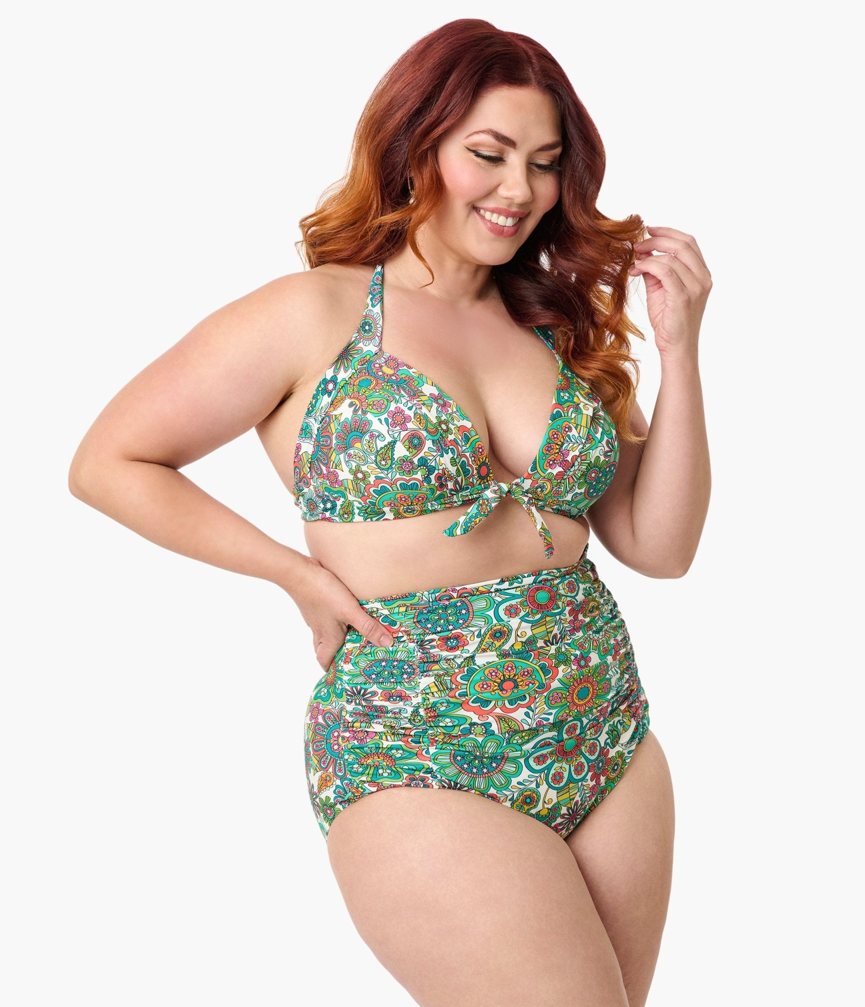 Unique Vintage Plus Size Green Kaleidoscope Monroe Halter Swim Top - Unique Vintage - Womens, SWIM, TOP