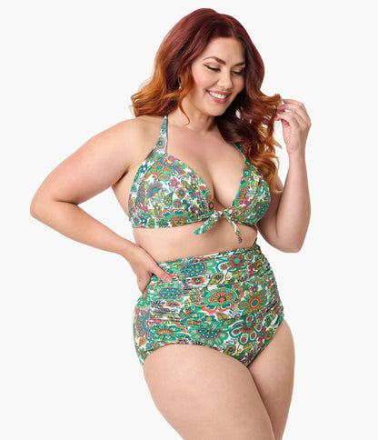 Unique Vintage Plus Size Green Kaleidoscope Monroe Halter Swim Top - Unique Vintage - Womens, SWIM, TOP