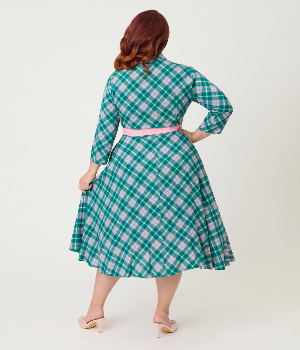 Unique Vintage Plus Size Green & Light Pink Bias Plaid Swing Dress Unique Vintage Plus Size Green & Light Pink Bias Plaid Swing Dress
