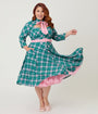 Unique Vintage Plus Size Green & Light Pink Bias Plaid Swing Dress
