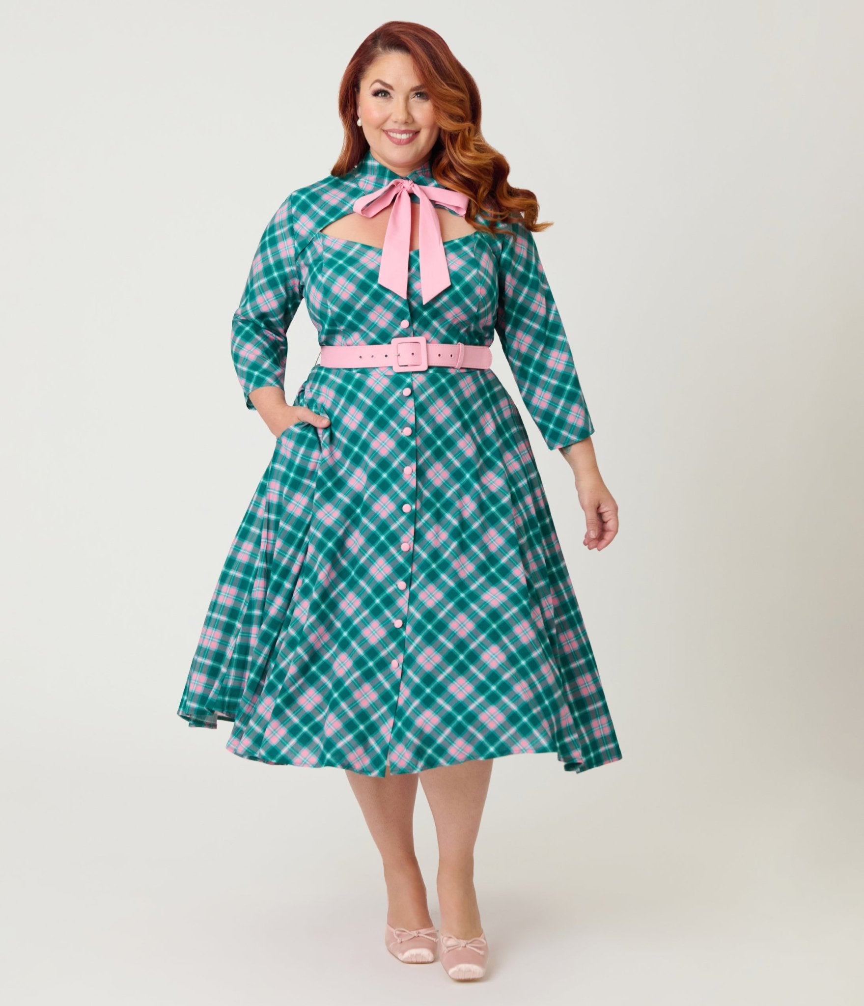 Unique Vintage Plus Size Green & Light Pink Bias Plaid Swing Dress - Unique Vintage - Womens, DRESSES, SWING