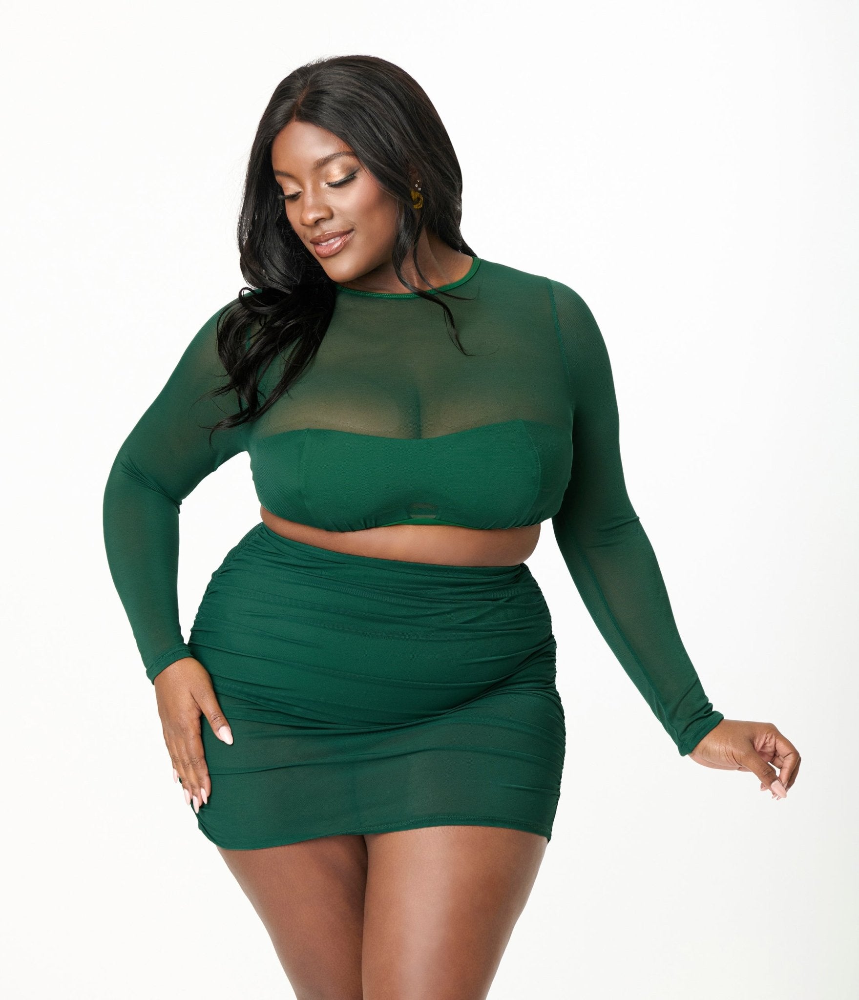 Unique Vintage Plus Size Green Mesh Long Sleeve Swim Top - Unique Vintage - Womens, SWIM, TOP